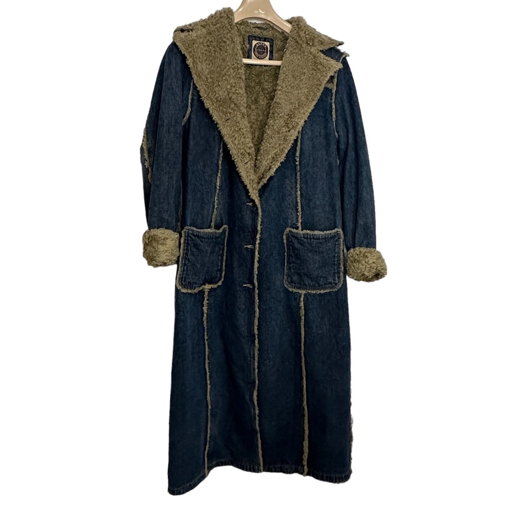 Vintage Y2K Giacca Penny Lane Long Denim Coat w Faux Fur Trim XL